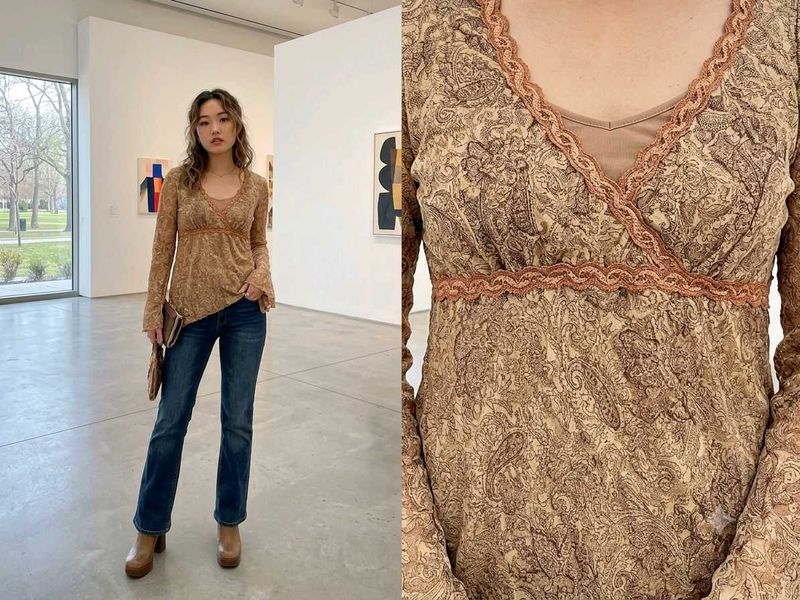 Boho Paisley Lace Trim Long Sleeve Top