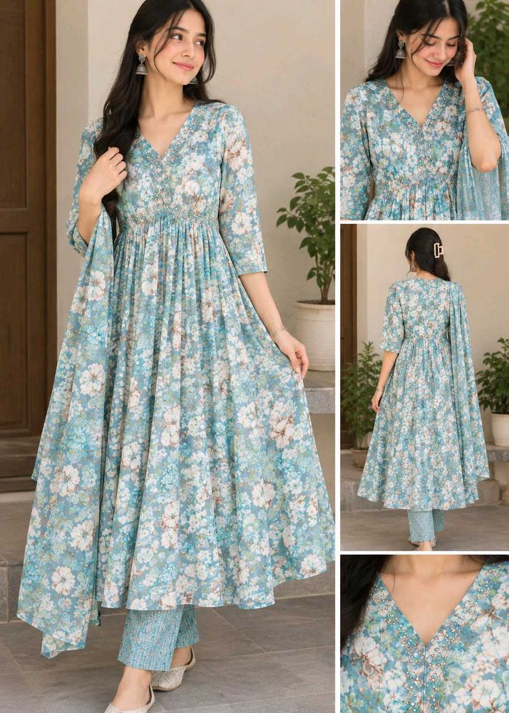Blue Floral Print Kurta Set
