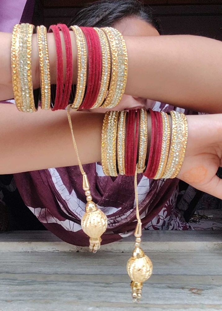 Elegant Red &amp; Gold Bangles with Tassel