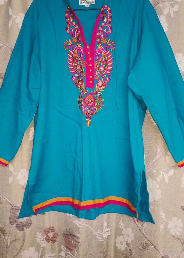 Turquoise Embroidered Tunic Top