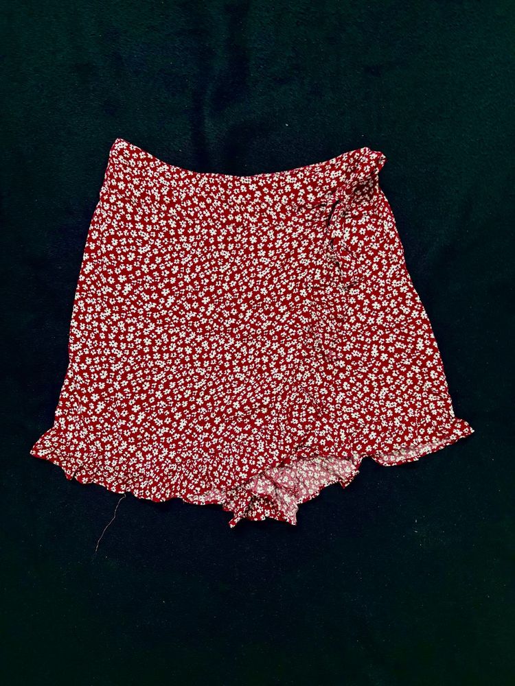 Red Floral Wrap Skort