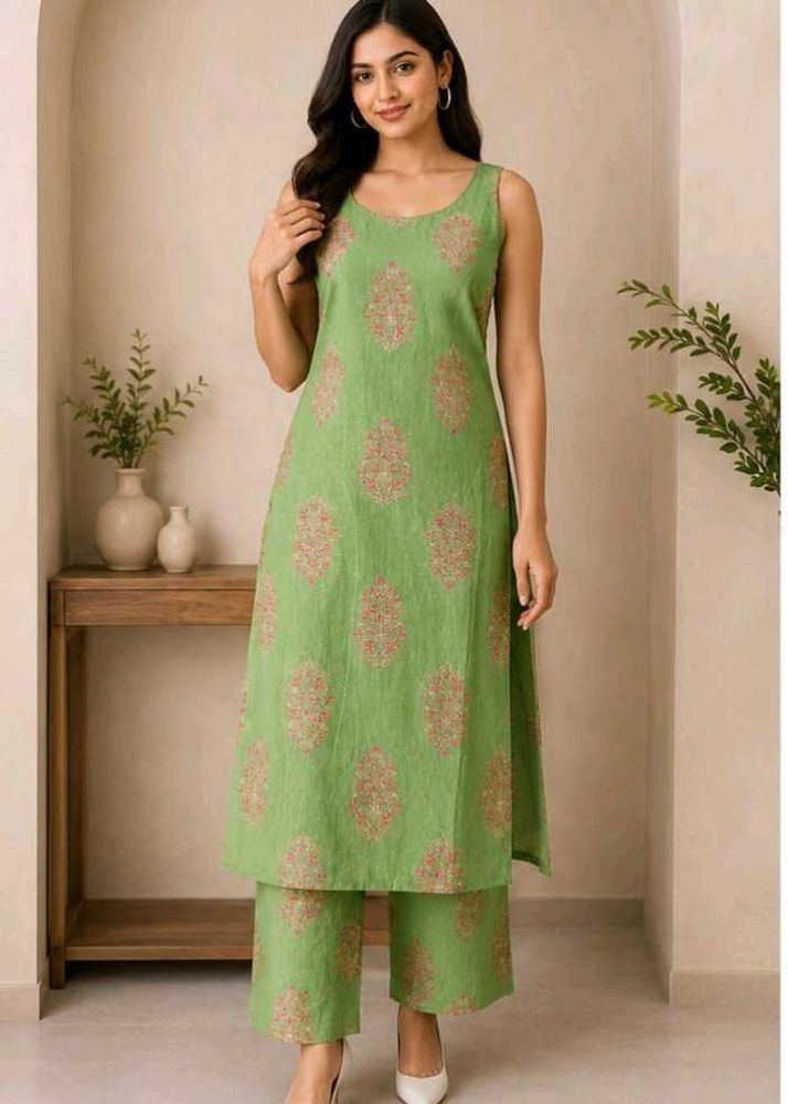 Green Printed Sleeveless Kurta with Pants