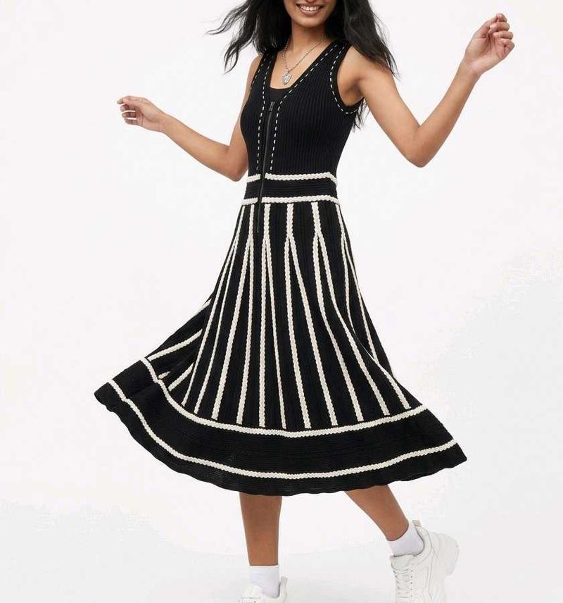 Black &amp; White Striped Knit Midi Dress