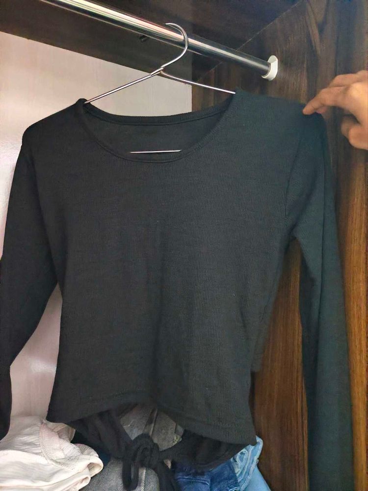 Black Long Sleeve tie Crop Top