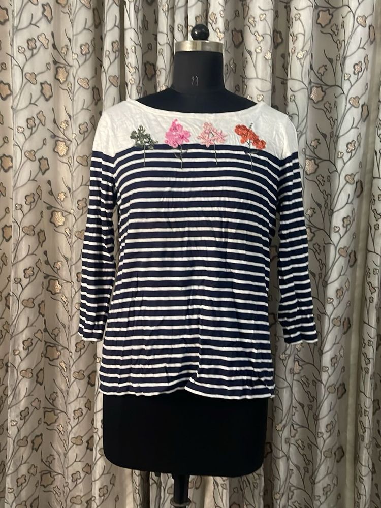 Striped Top with Floral Embroidery