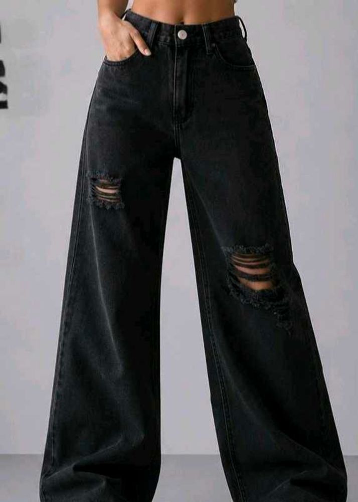 Women's Black Ripped Wide Leg Stretchable Jeans wi