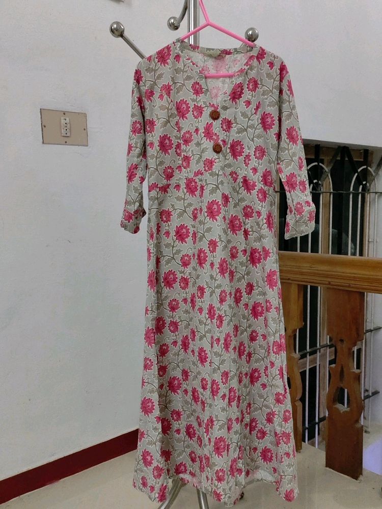 Floral Printed Aline Kurti Pink Color