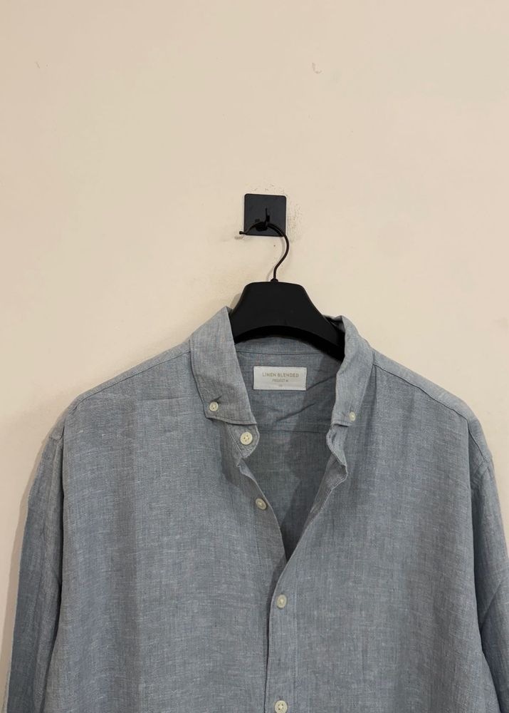 Men's Blue Linen Button-Down Shirt