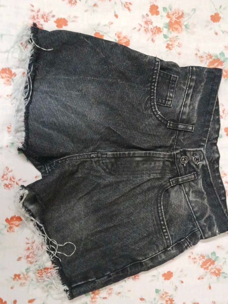 Distressed Black Denim Shorts