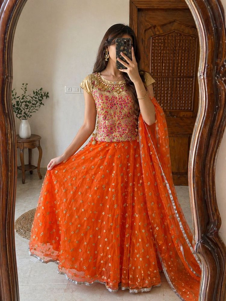 Orange Net Lehenga Choli with Golden Embellishment