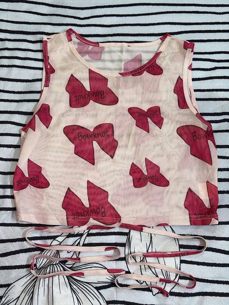 Sheer Bowknot Print Mesh Top