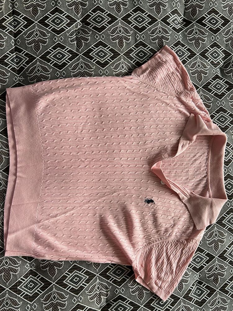 Pink Cable Knit Polo Top