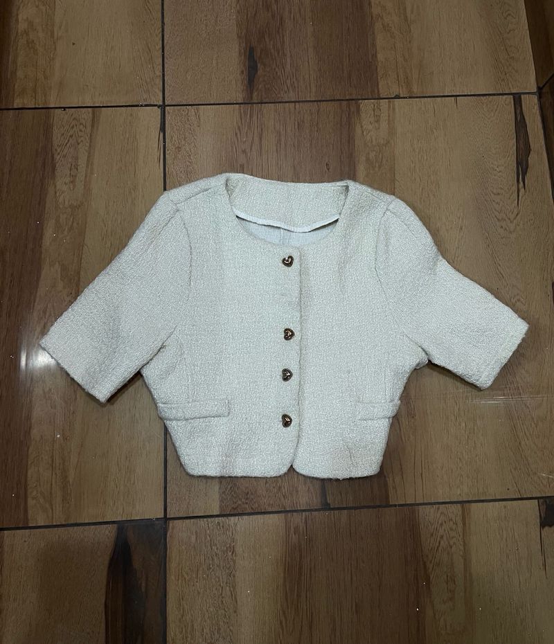 Cream Textured tweed Cropped Jacket