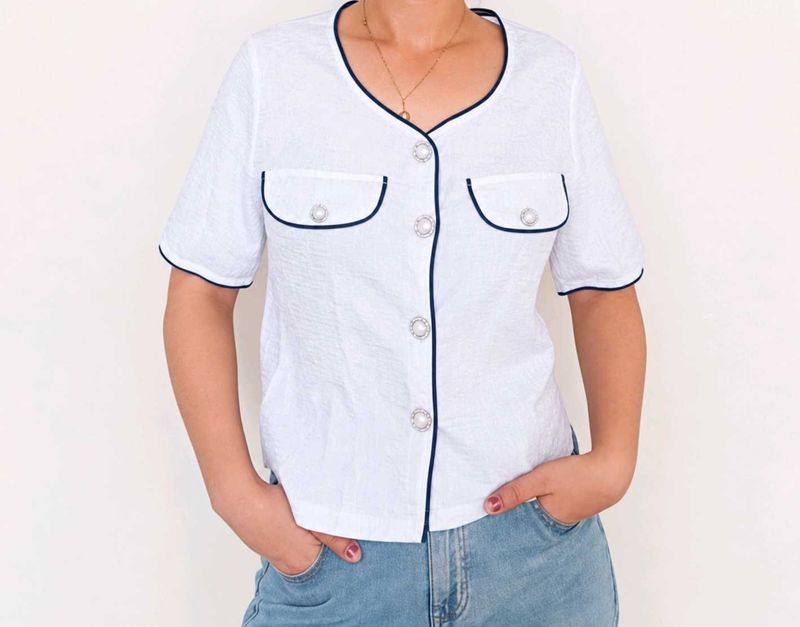 Chic White Short Sleeve Button-Up Top