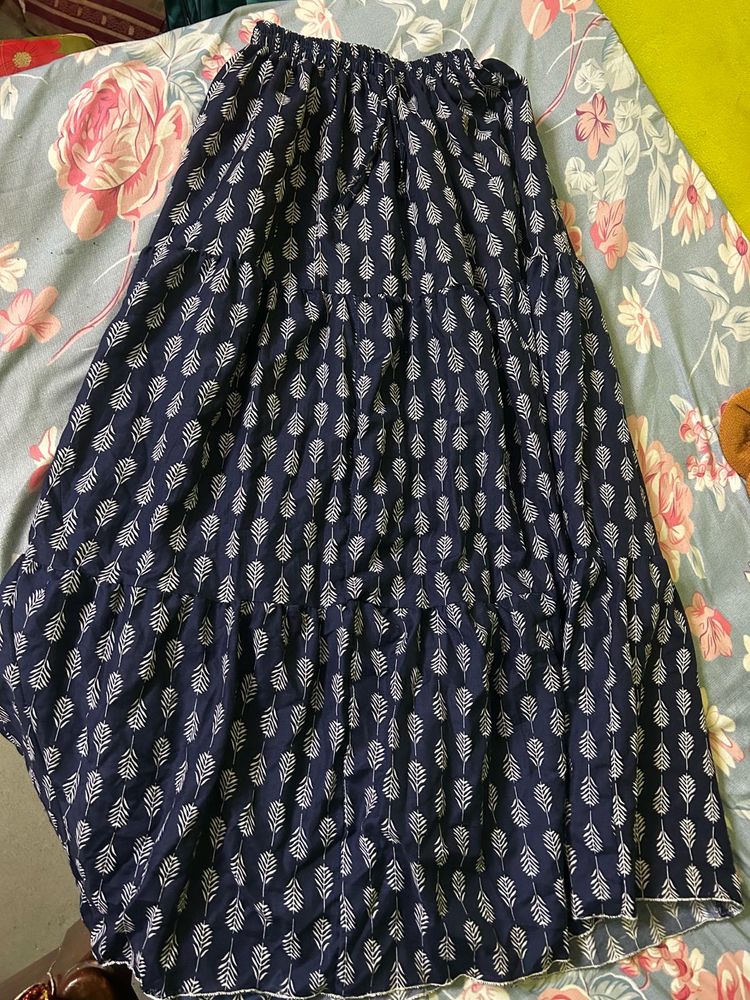 Navy Blue Printed Tiered Maxi Skirt