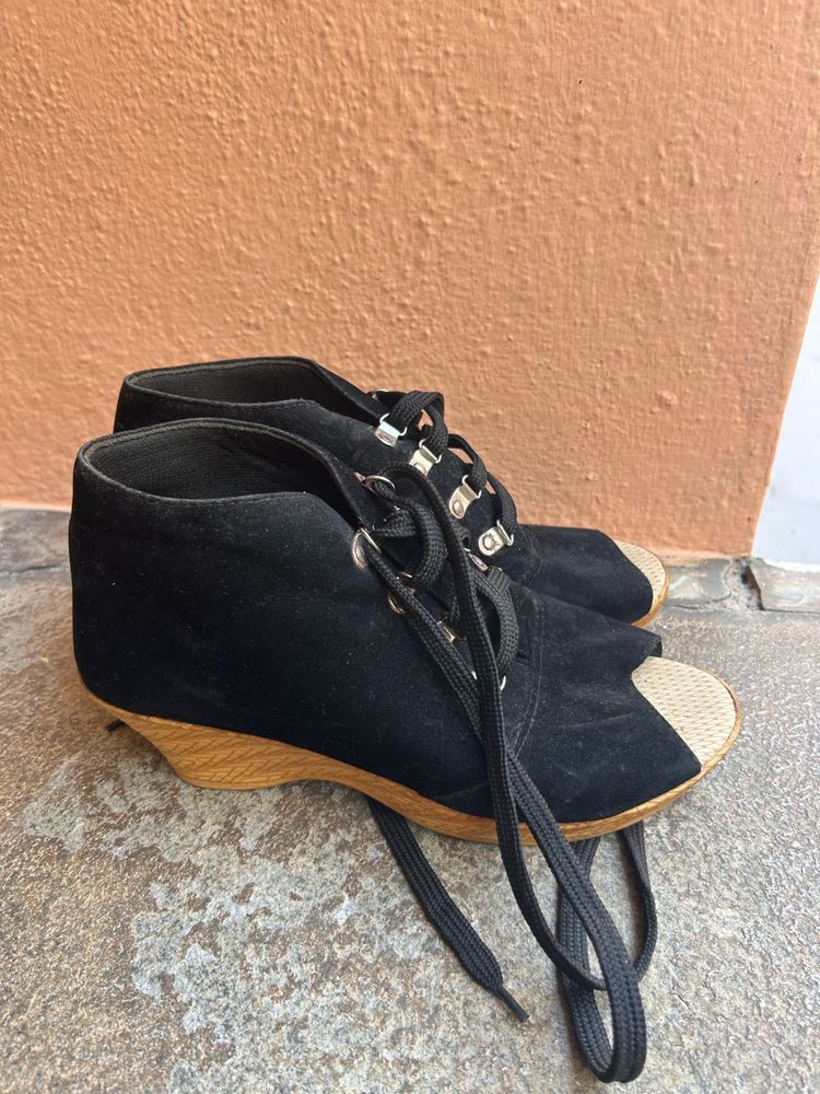 Black Suede Peep-Toe Wedge Boots