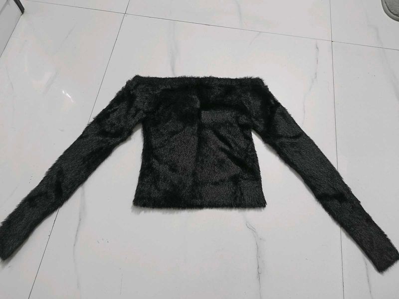 Black Furry Off shoulder warm top