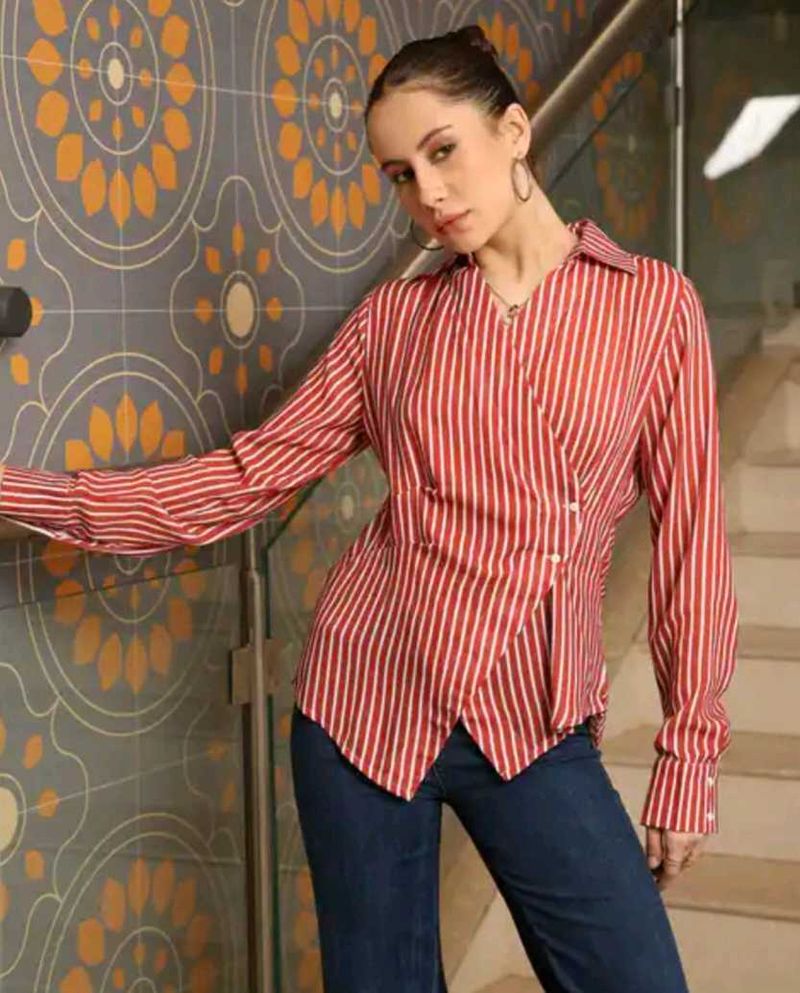 Shein Striped Button-Down handkerchief Red Shirt