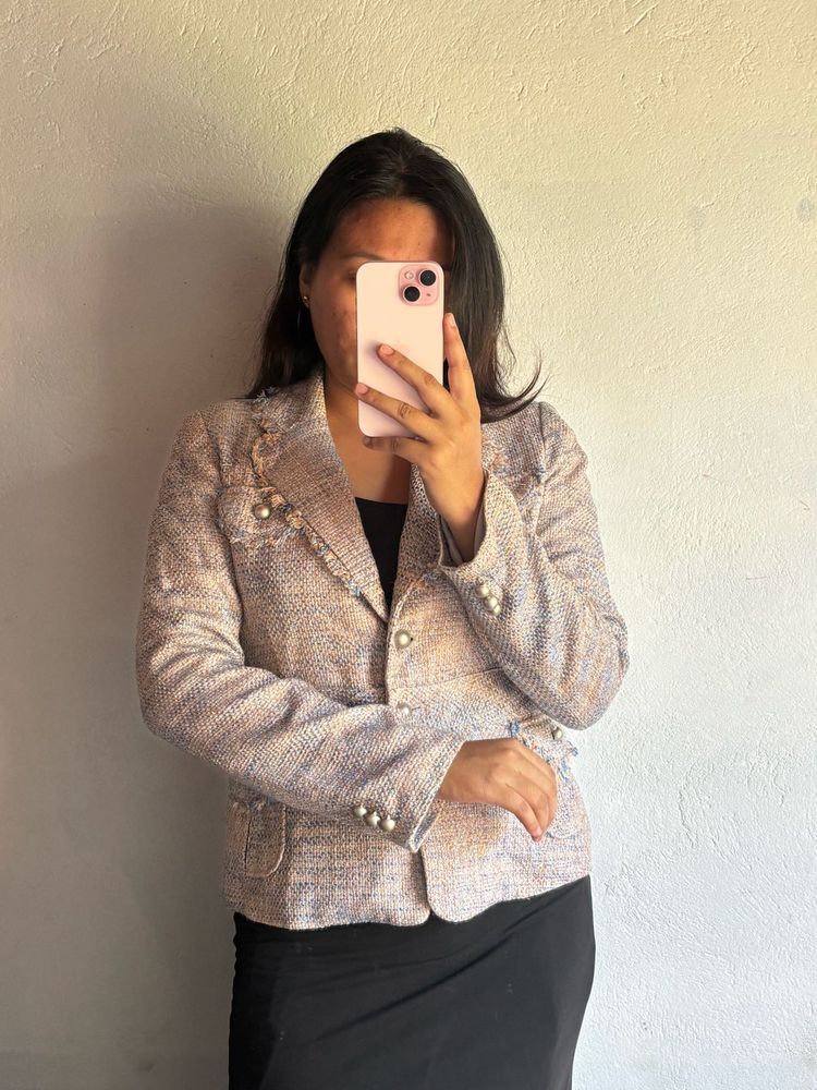 Chic Tweed Blazer with Pearl Accents