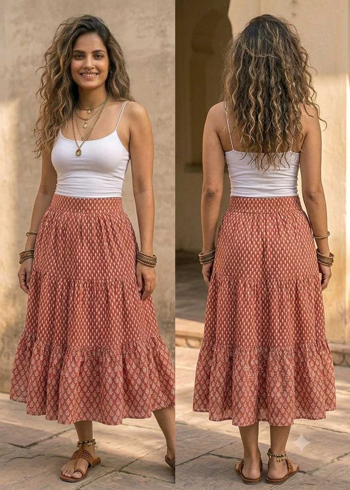 🎀🍁Fabindia_Tiered Block-Print Midi Skirt🍁🎀