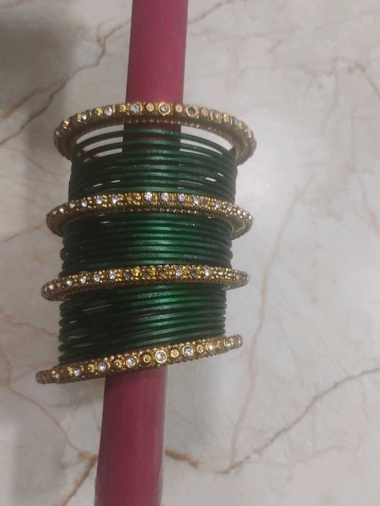 Set of Emerald Green Bangles with Embellishments