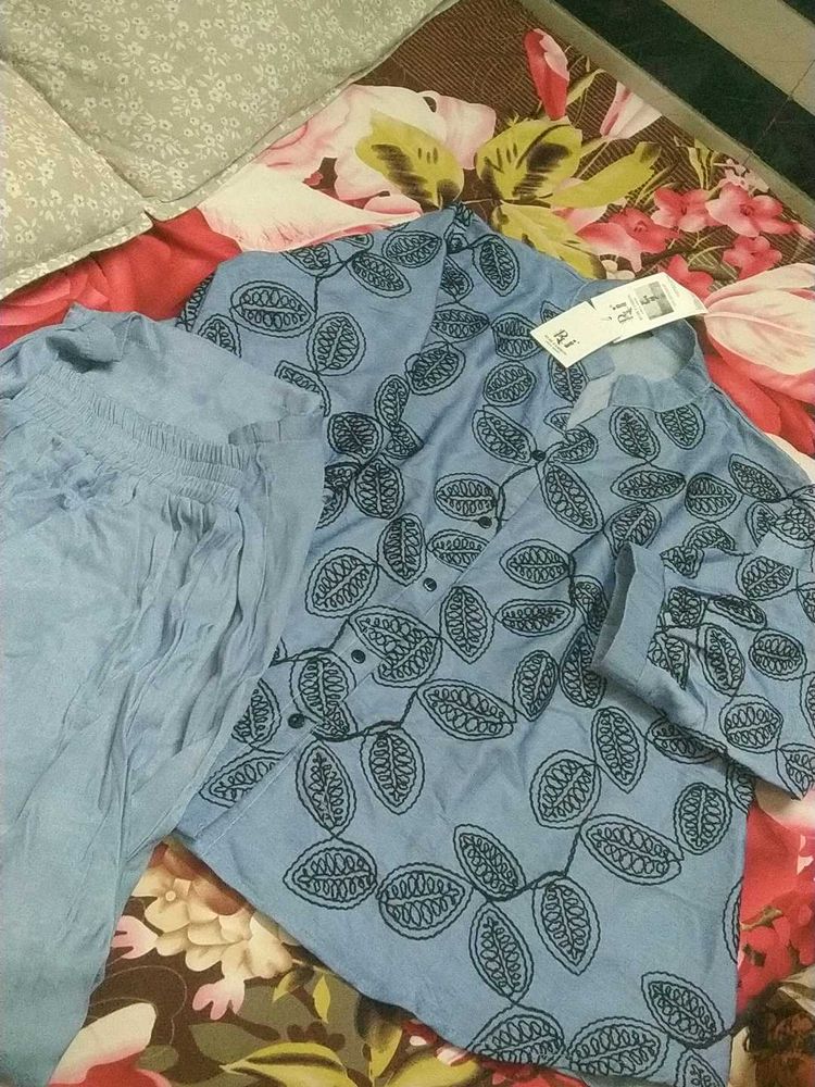 Light Blue Leaf Print Kurta Set