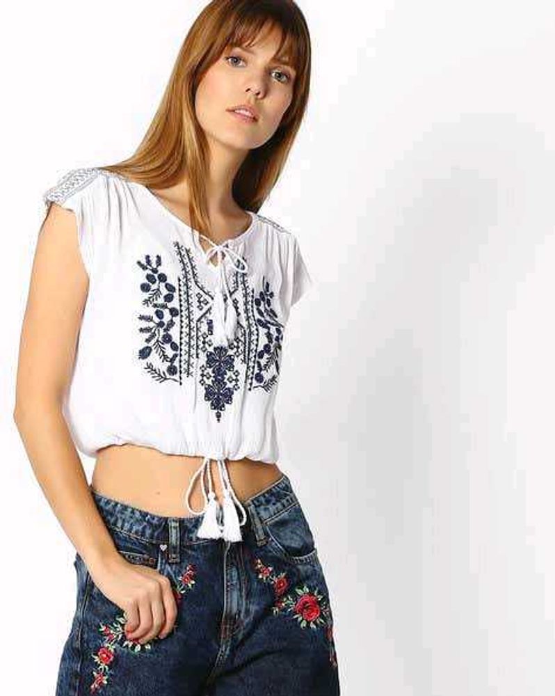 Embroidered White Crop Top