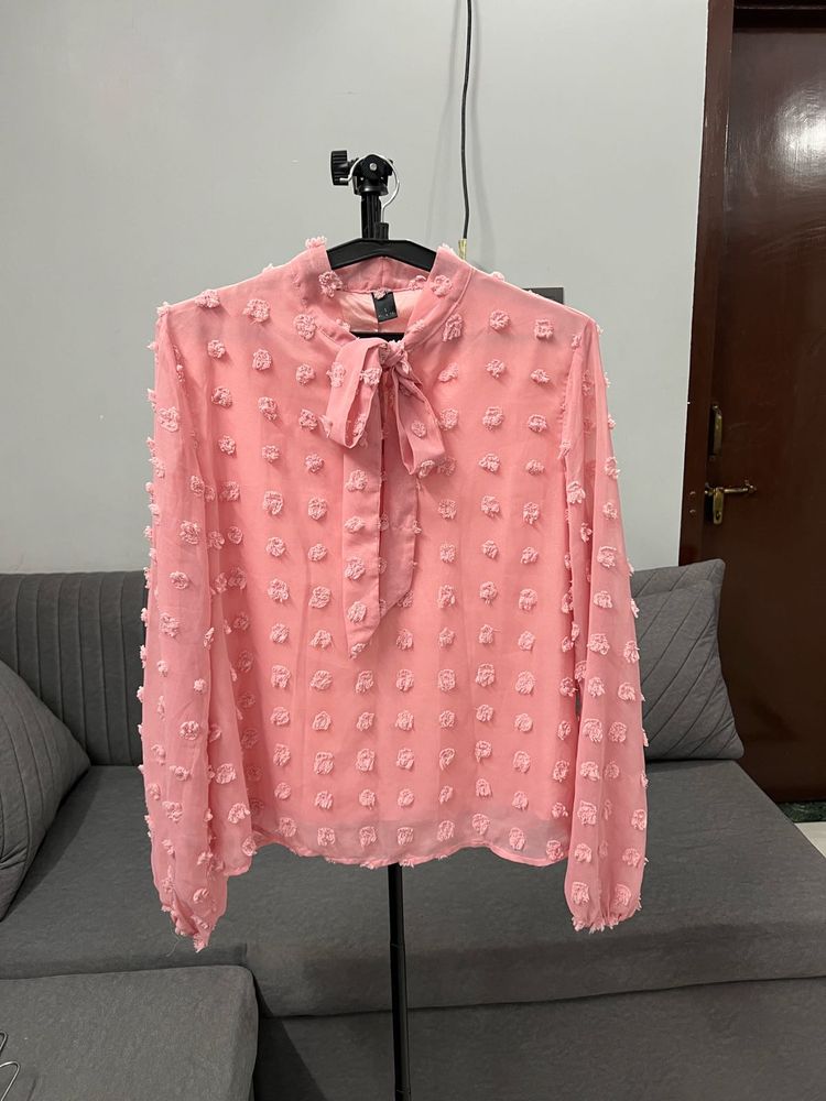 Shein Pink Textured Bow Blouse