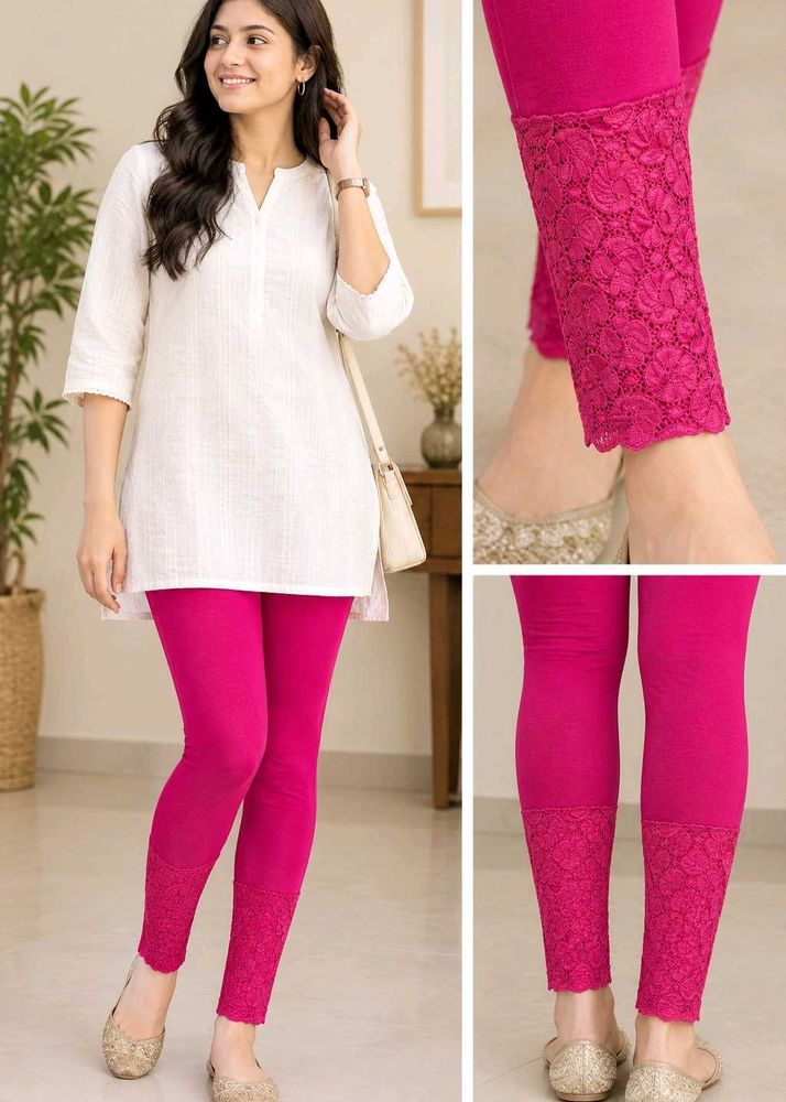 Vibrant Pink Lace Trim Leggings