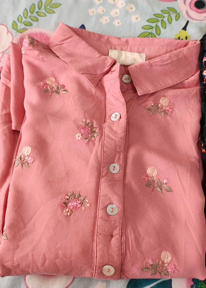 Embroidered Pink Collared Shirt