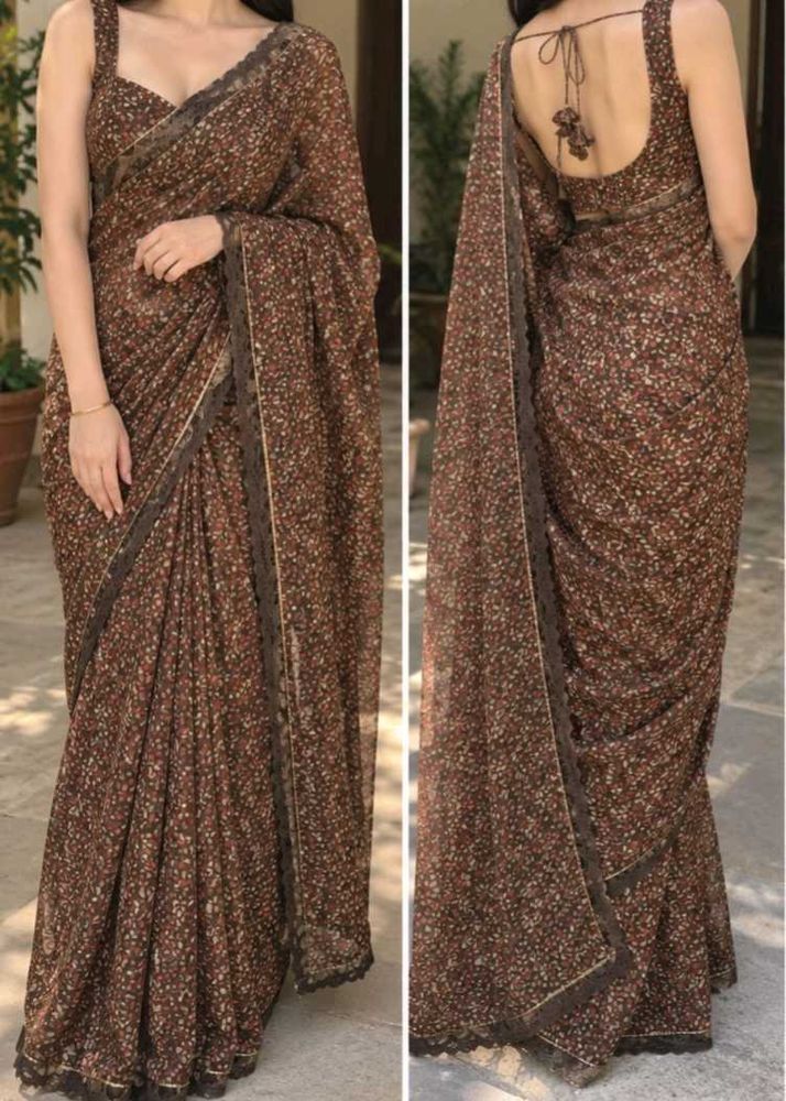 Brown Floral Print Saree