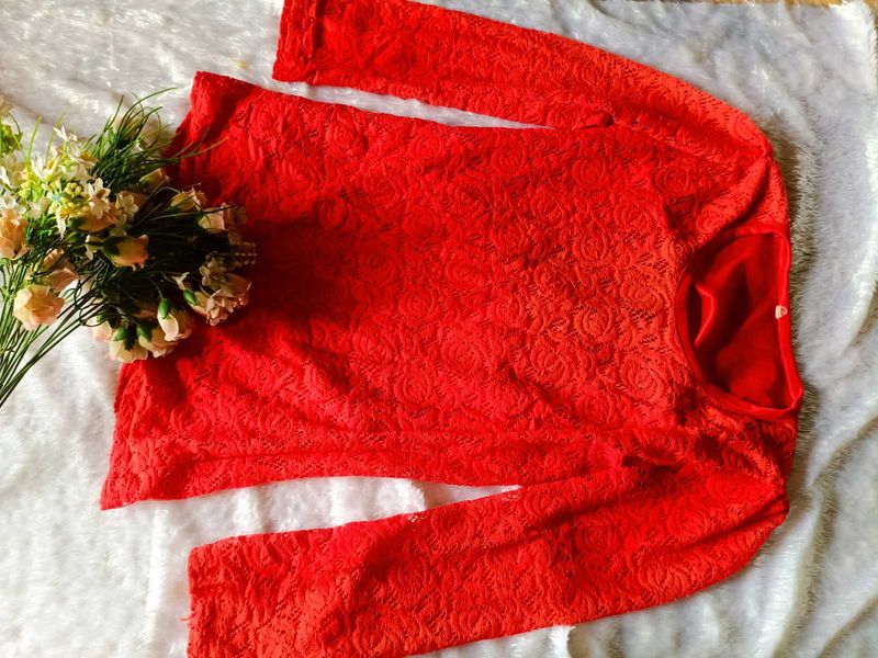 Women's Red Lace Full Sleeve Top | Stylish Party W