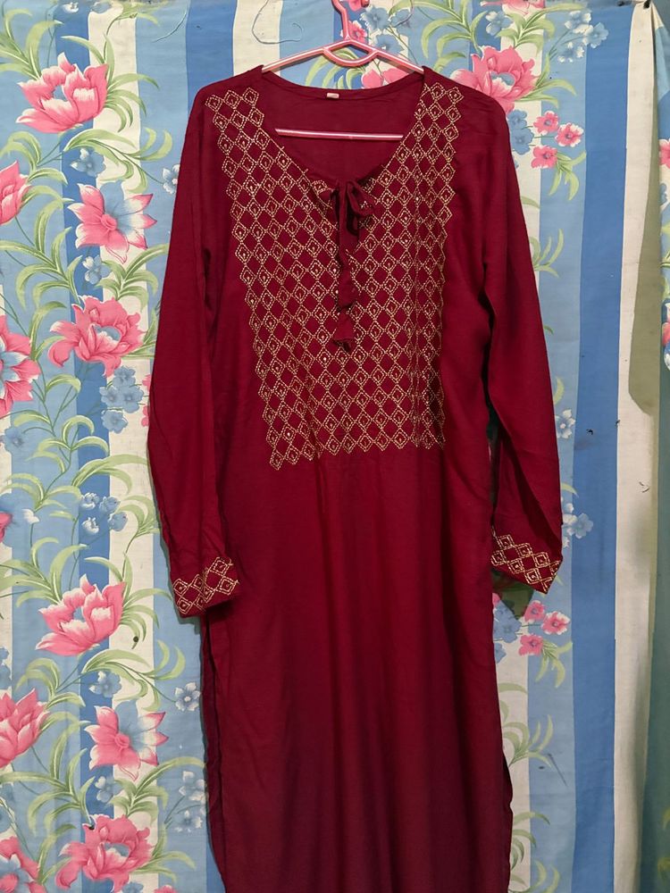 Maroon Embroidered Kurta