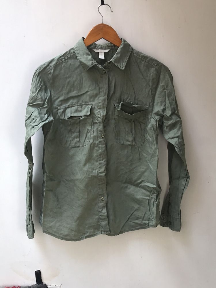 H&amp;M Olive Green Linen Women Shirt