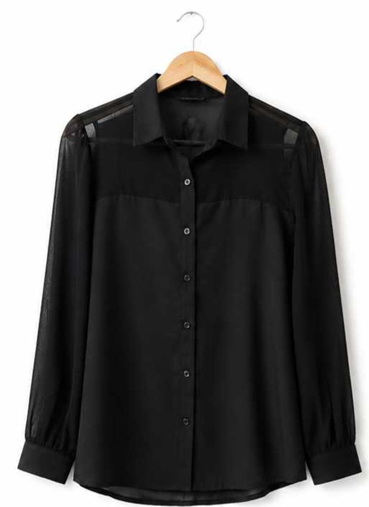 Chic Sheer Panel Black Button-Up Shirt