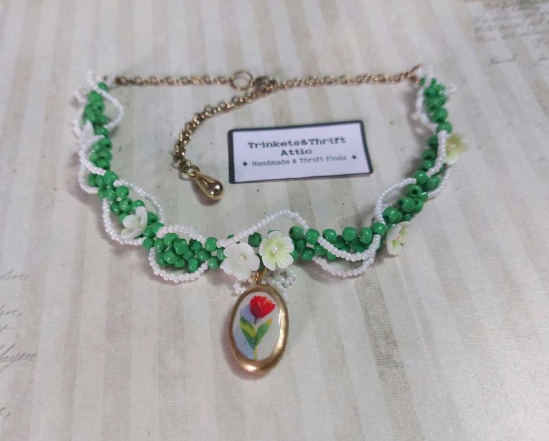 Vintage Style Hand Beaded Clay Pendant Choker