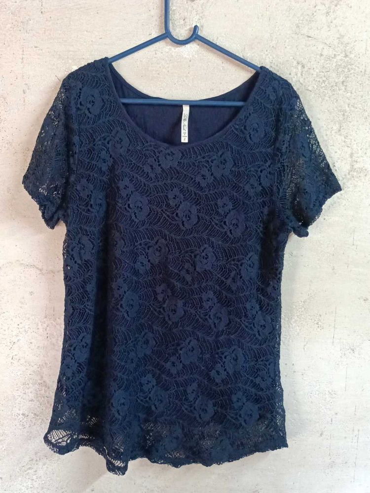Trendy Women's Lace Top Layered Navy Blue