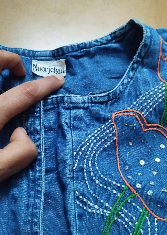 Denim dress / kurta with machine embroidery