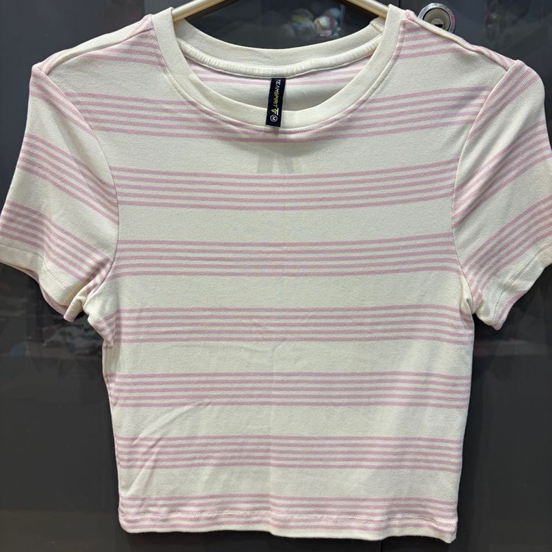 Cream &amp; Pink Striped Cropped Tee