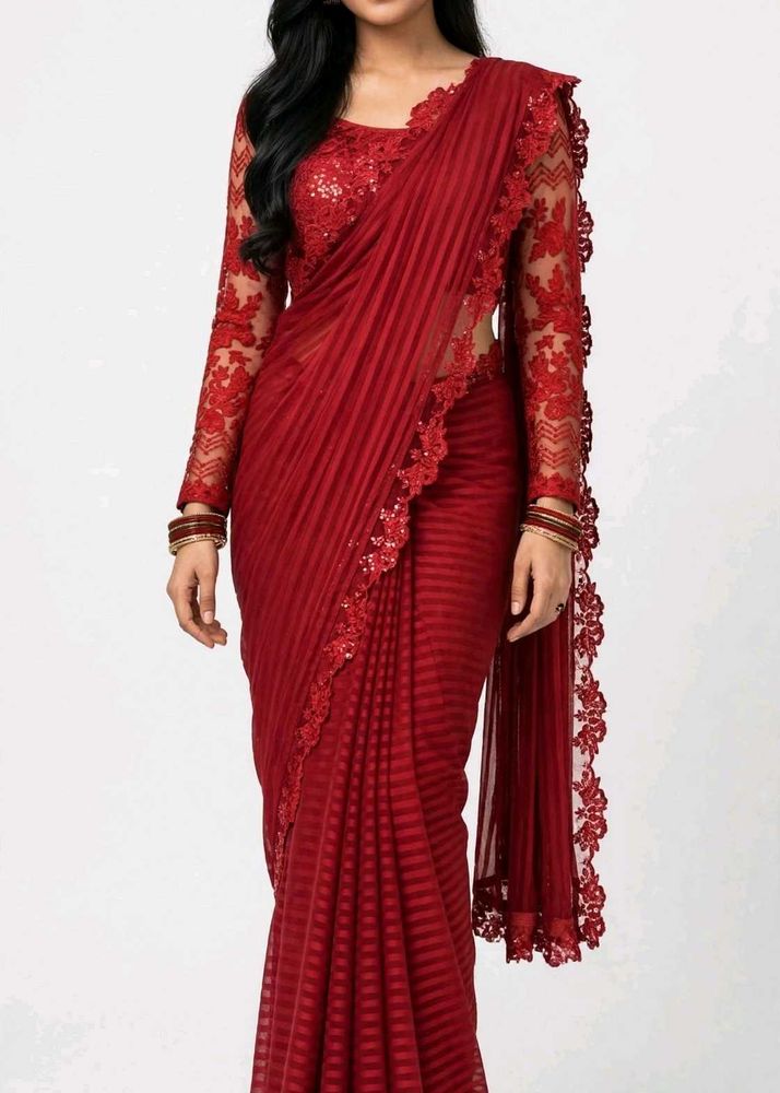 Elegant Red Saree with Lace Detailing