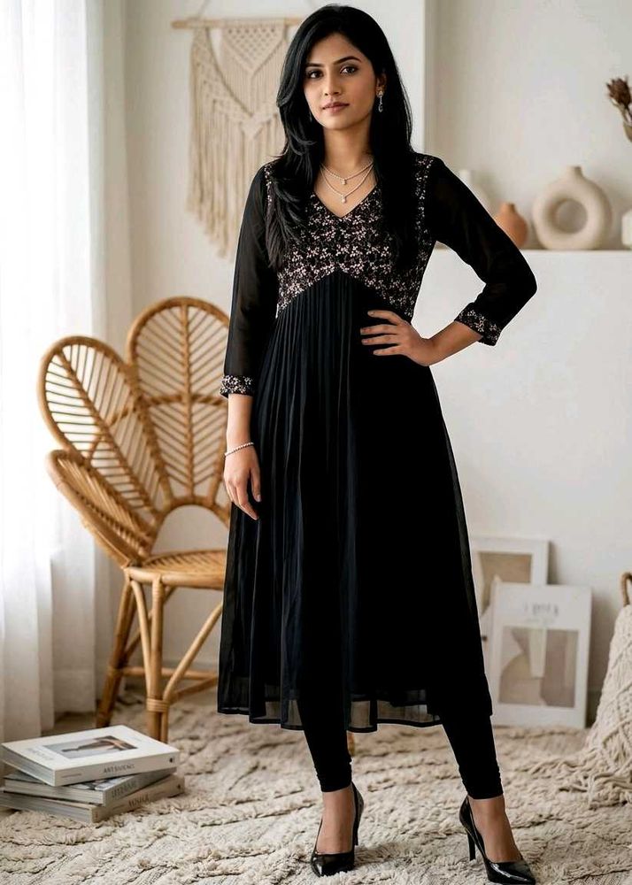 Elegant BlackAlia cut Kurta with Intricate Embroid