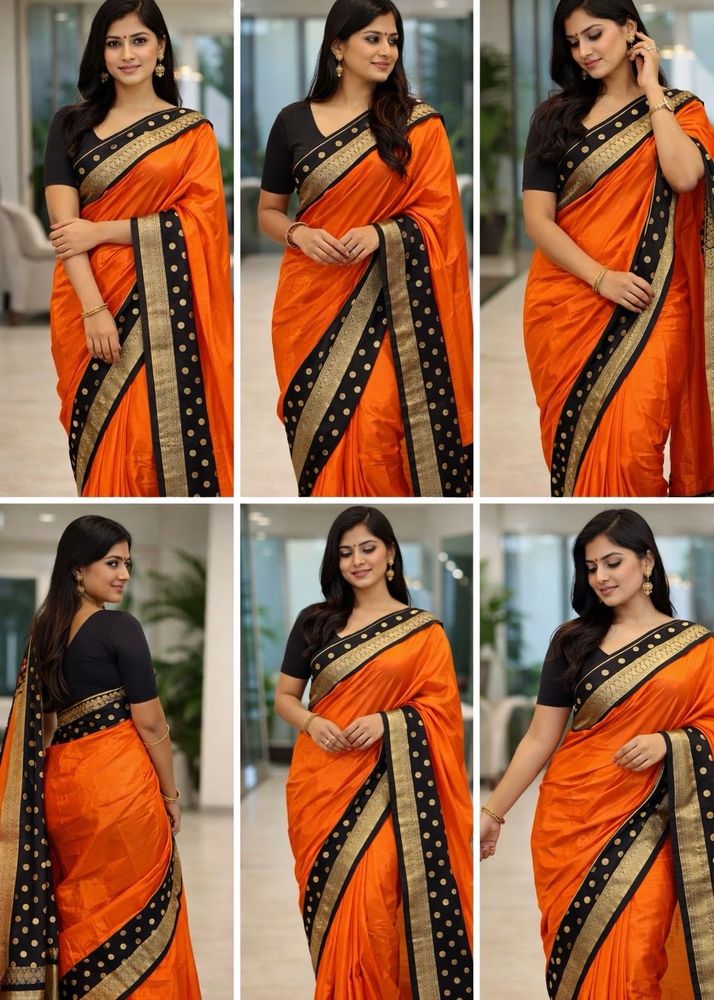 Elegant Orange Saree with Black &amp; Gold Border