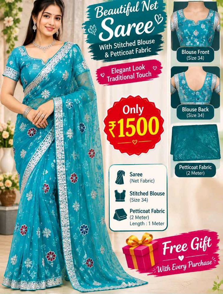 Free gift 🎁 &amp; Beautiful Blue 🩵 Net Saree