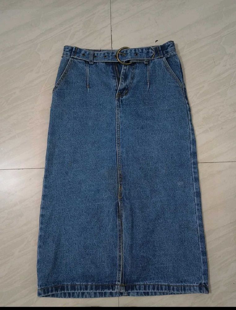 Belted Denim Midi Skirt
