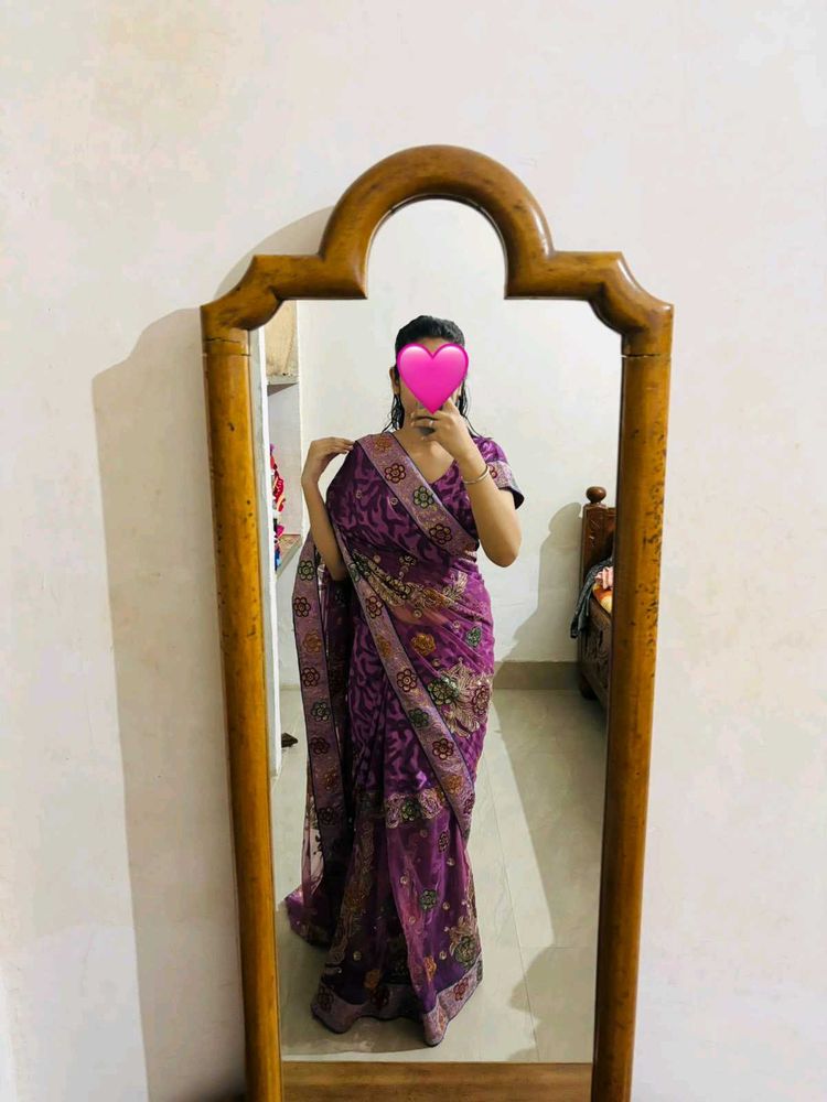 Beautiful Purple Embroidered half net Saree