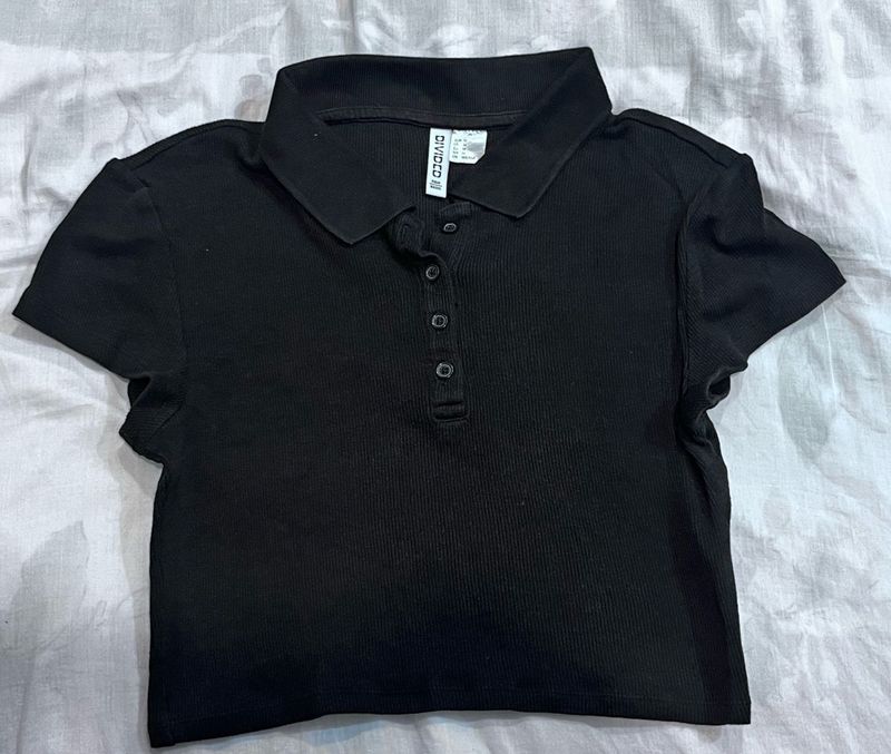 Black Ribbed Polo Crop Top