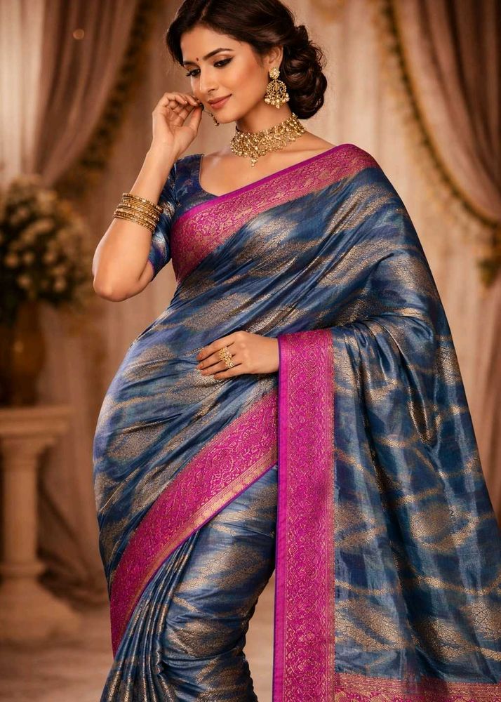 Beautiful Blue Saree with Gold &amp; Pink Border