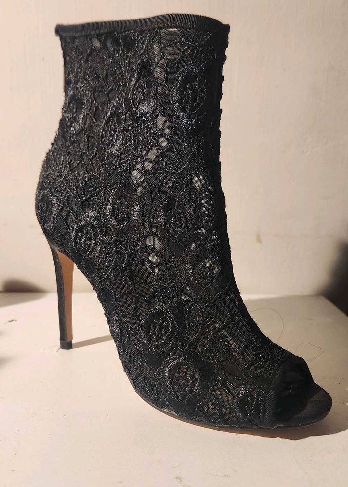 Black Lace Peep-Toe Ankle Boots