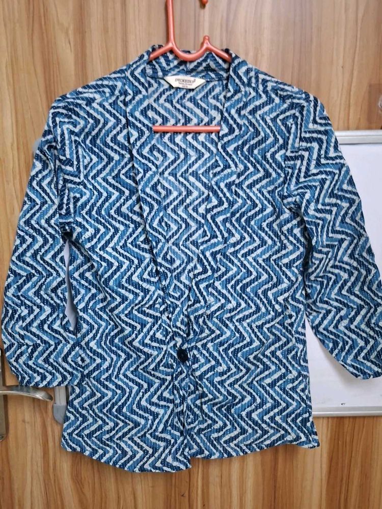 Blue &amp; White Geometric Print Kurta