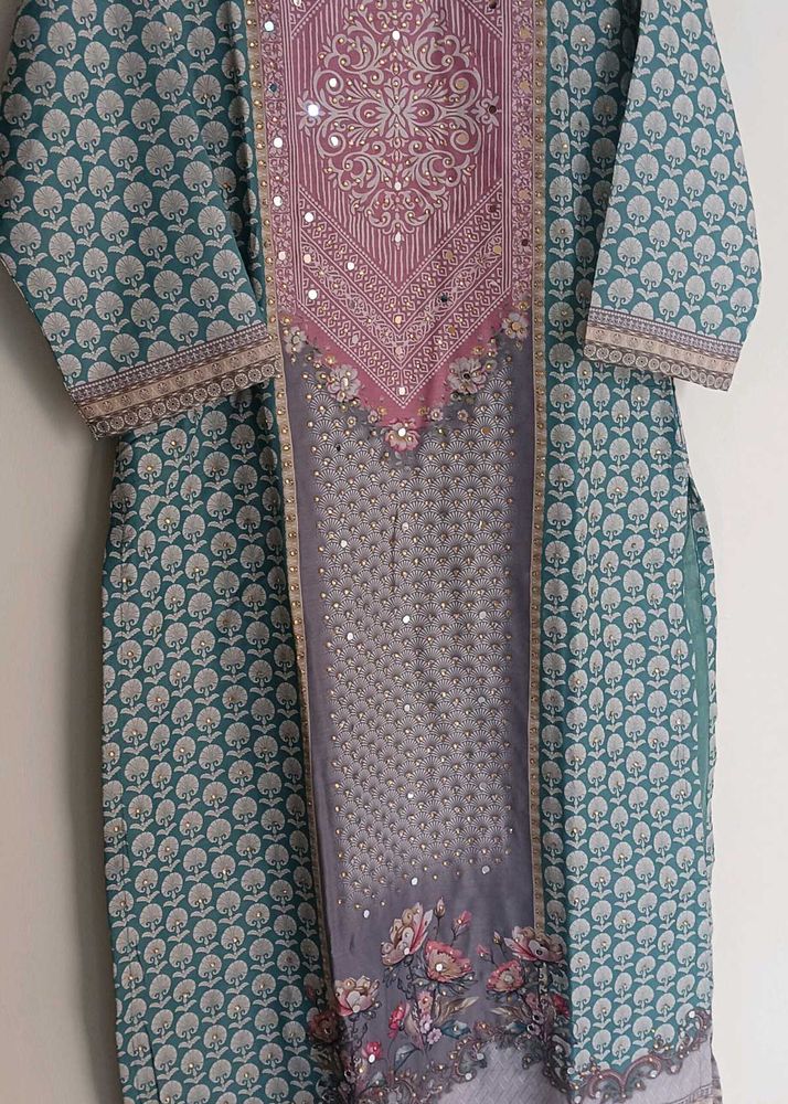 Embroidered Teal Kurta with Pink &amp; Grey Accents